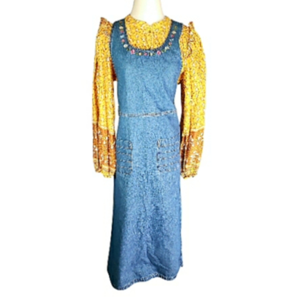 Vintage 80's Jumper Apron Pinefore Denim Embroidered Cotton Midi Dress M